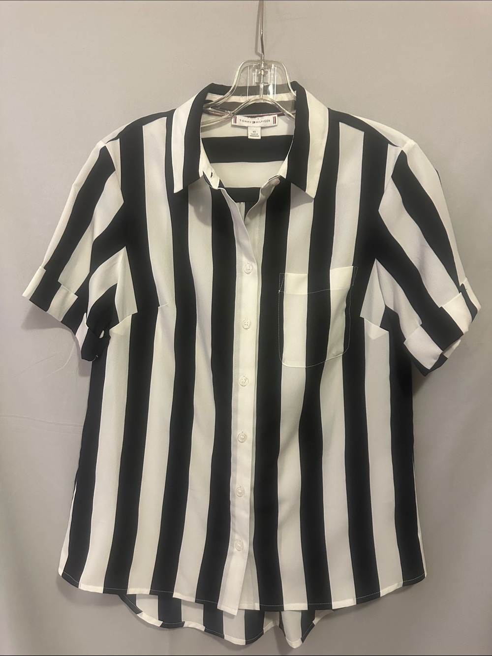 Tommy Hilfiger Black & White Vertical Stripe Short Sleeve Button-Up
